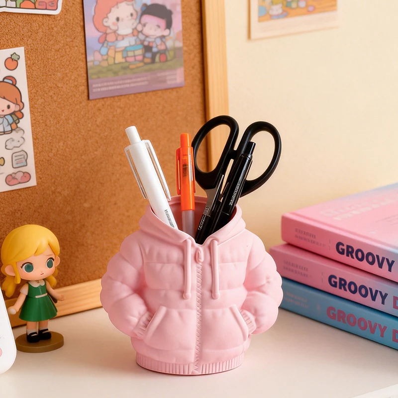 2026 New Creative Hoodie down Jacket Shaped Pen Holder Resin Desk Organizer Back to School Gift for Students Home Office Decor