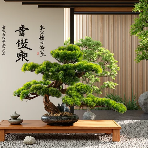 Simulación de bonsái Podocarpus, nuevo árbol falso de estilo chino, thuja, decoración para porche, venta, forma de oficina, adornos de pino acogedores