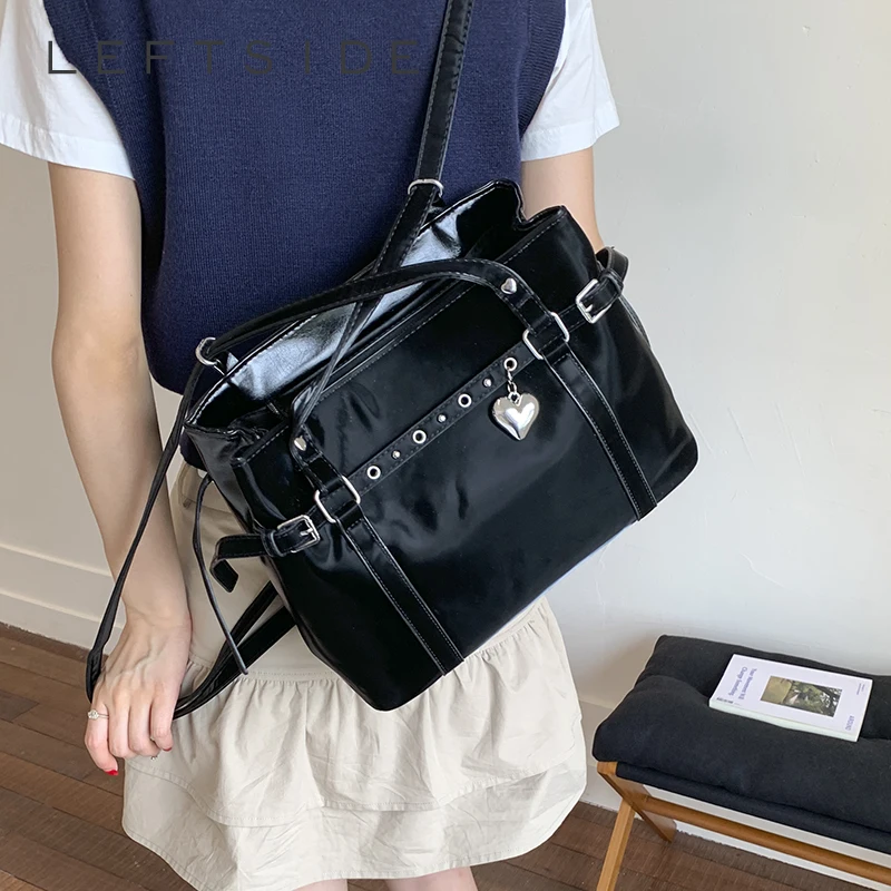 

LEFTSIDE Retro Japanese Style Square Shoulder Bags for Women PU Leather Tote Bag 2025 Y2K Designer Black Purses and Handbags