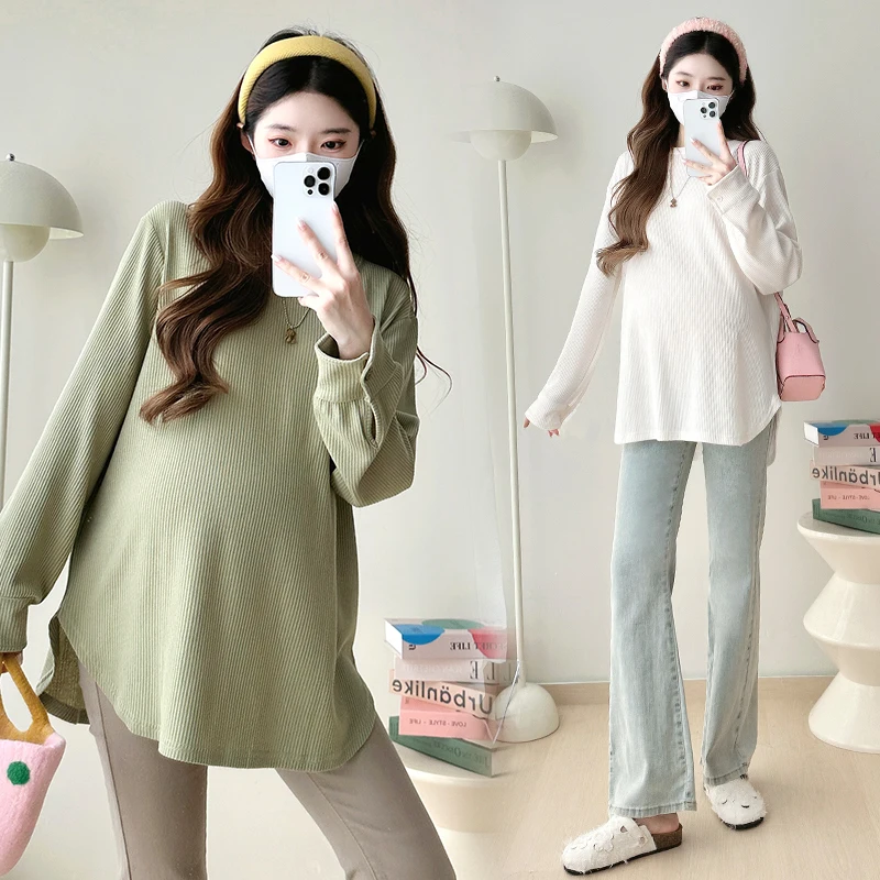 2025 Spring Autumn New Maternity Knit Top - Loose Fit Casual Round Neck Pregnancy Blouse Youth Pregnant Women Shirts