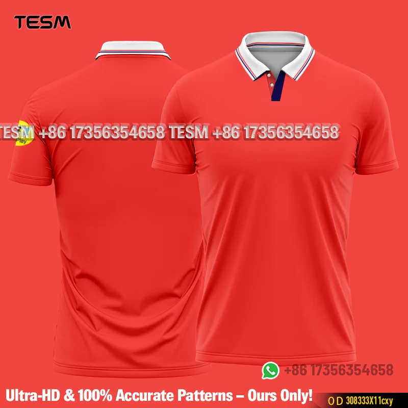 Men Red Retro Polo Collar Soccer Jersey 3D Print Short Sleeve T-shirt Breathable Football Training Tops Unisex Sports Streetw