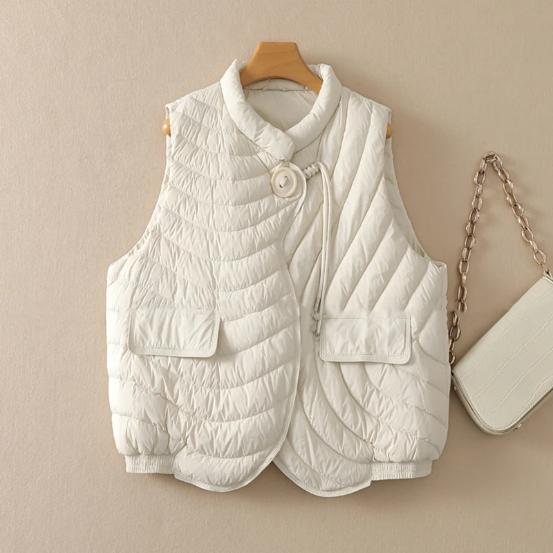 

Autumn Winter O-neck Solid Lightweight Down Vest Women White Duck Down Quilted Vest Female Single Breasted Sleeveless Waistcoats