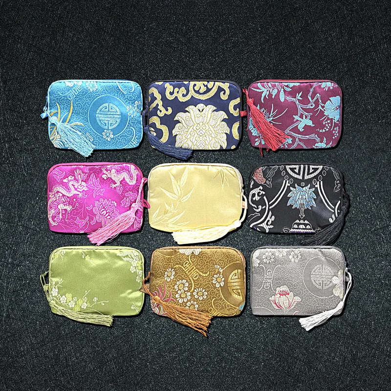 

Custom 9x12 cm Cotton Filled Small Zip Jewelry Gift Bags Chinese Silk Brocade Zipper Pouch Watch Bracelet Storage Bag 100pcs