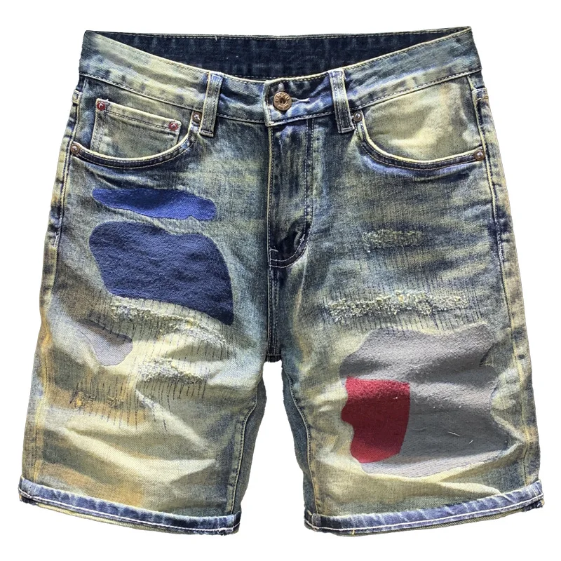 American casual denim shorts men's summer new embroidered five quarter casual trendy brand retro five quarter mid length pants