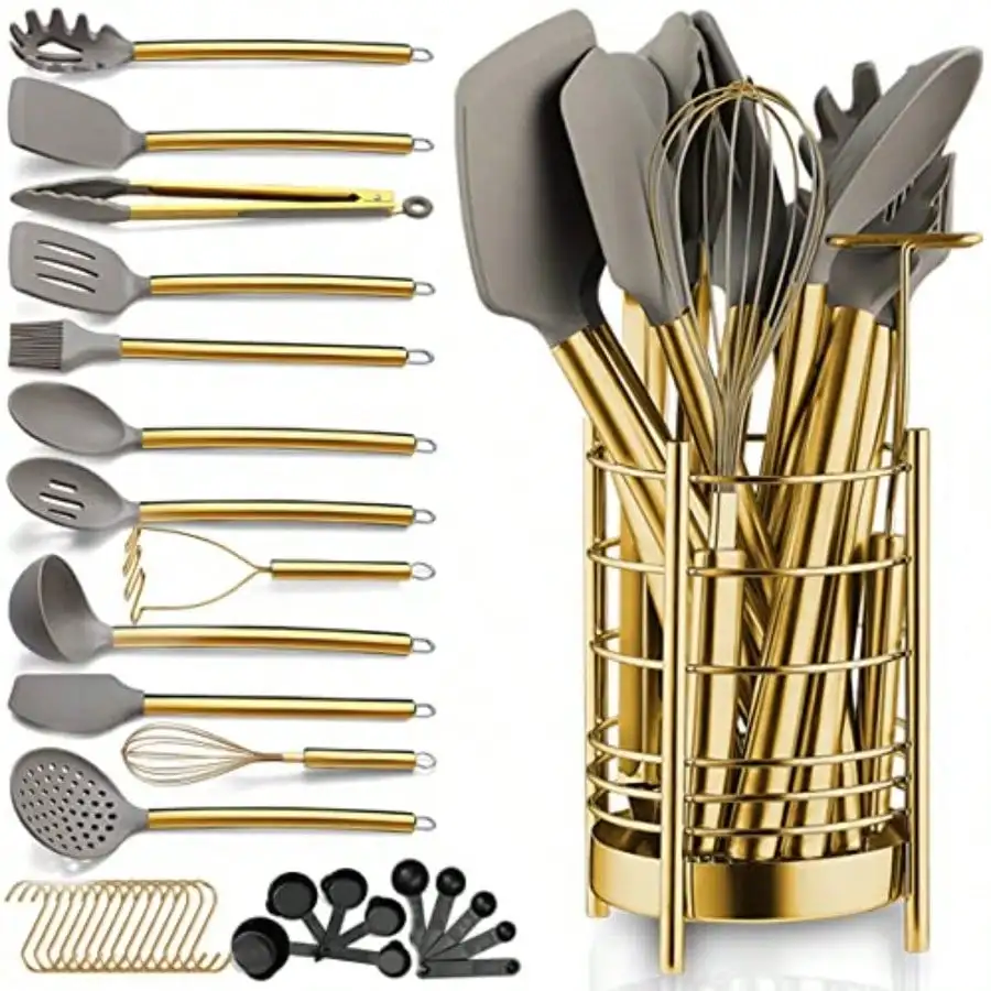 Gold Kitchen Utensils Set 38 Pieces Non-Stick Silicone Cooking Tools Spoon Spatula Set With Sturdy Stainl Steel Utensil Holder Dishwasher
