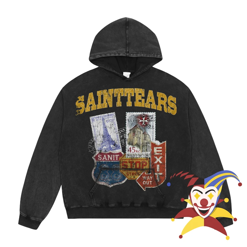 Stamp Printing Saint Tears Hoodie Men Women Best Quality Washed Heavy Fabric Casual Pullovers