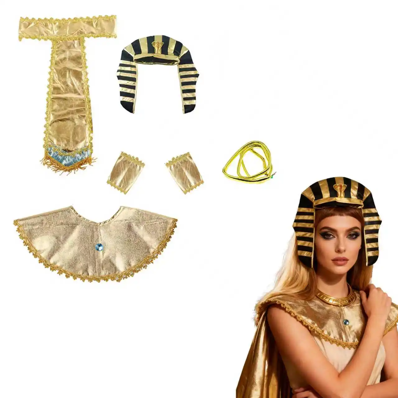 

PESENAR Cleopatra Costume for Women 5Pcs Egyptian Goddess Costume Dress Plus Size Egypt Queen Pharaoh Halloween Outfit Woman