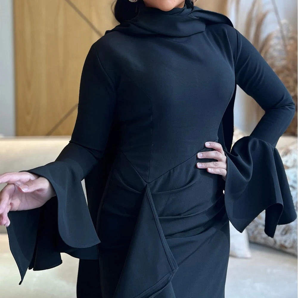 Aangepaste moderne gedrapeerde plooi hoge halslijn enkellange rechte beroemdheidsjurken jersey lange mouwen gelaagde gordel vestido d