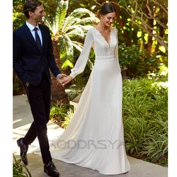 RODDRSYA Boho Wedding Dresses Long Sleeves V-Neck Lace Backless Chiffon Bride Gown Detachable Train vestidos de novia Customized