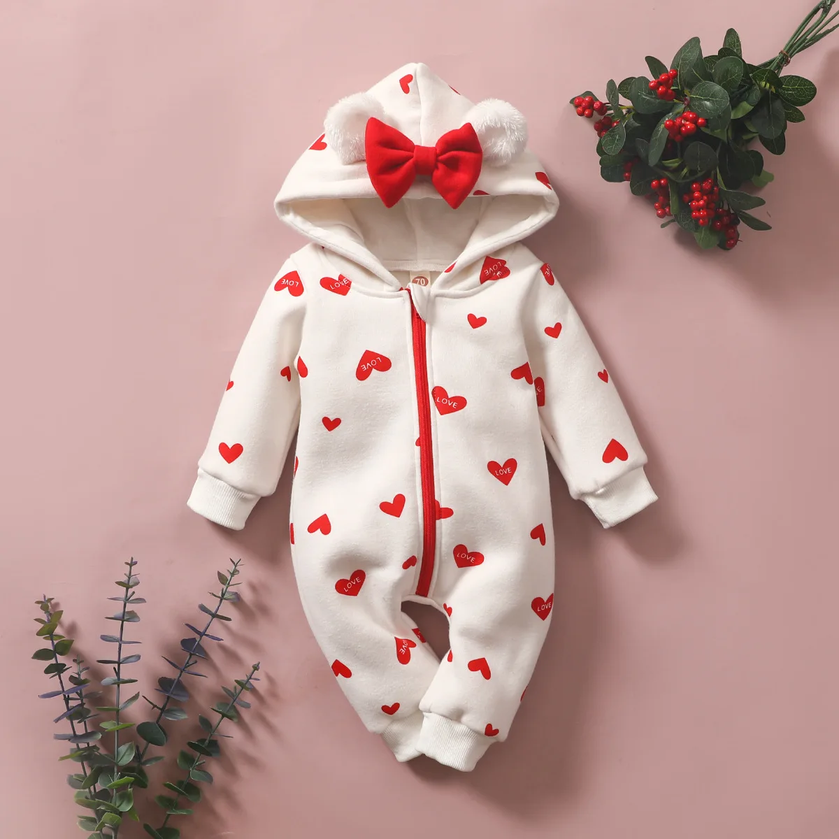 Cute Baby Girl Hooded Bear Romper with Ears Warm Fleece Jumpsuit for Infant Toddler Winter Outfit Fashion Wear Clothing