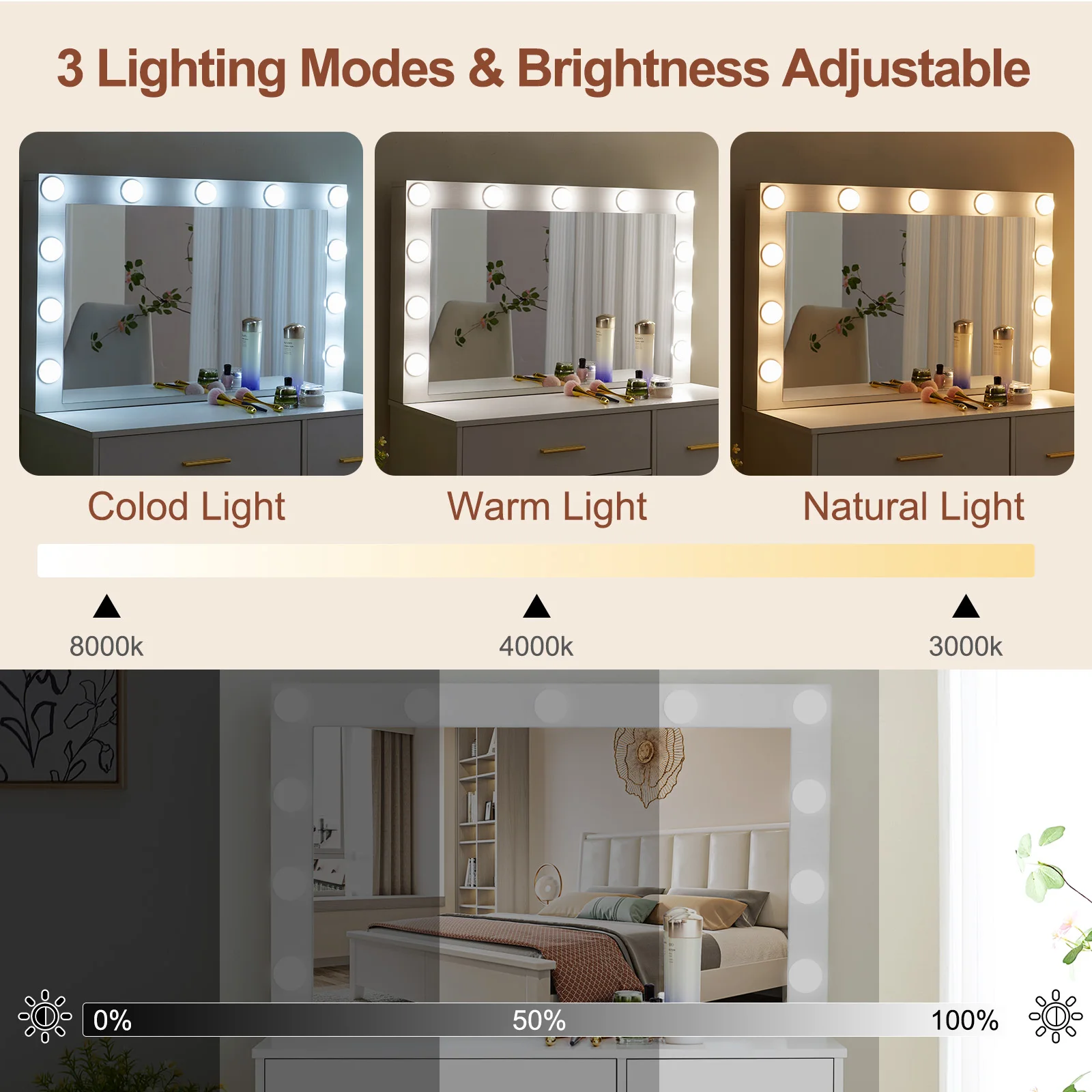 【صفقات 11.11، عروض الجمعة السوداء 2025】مكتب تزيين طاولة مكياج جديد مع مرآة مضاءة و11 درج لمبة LED