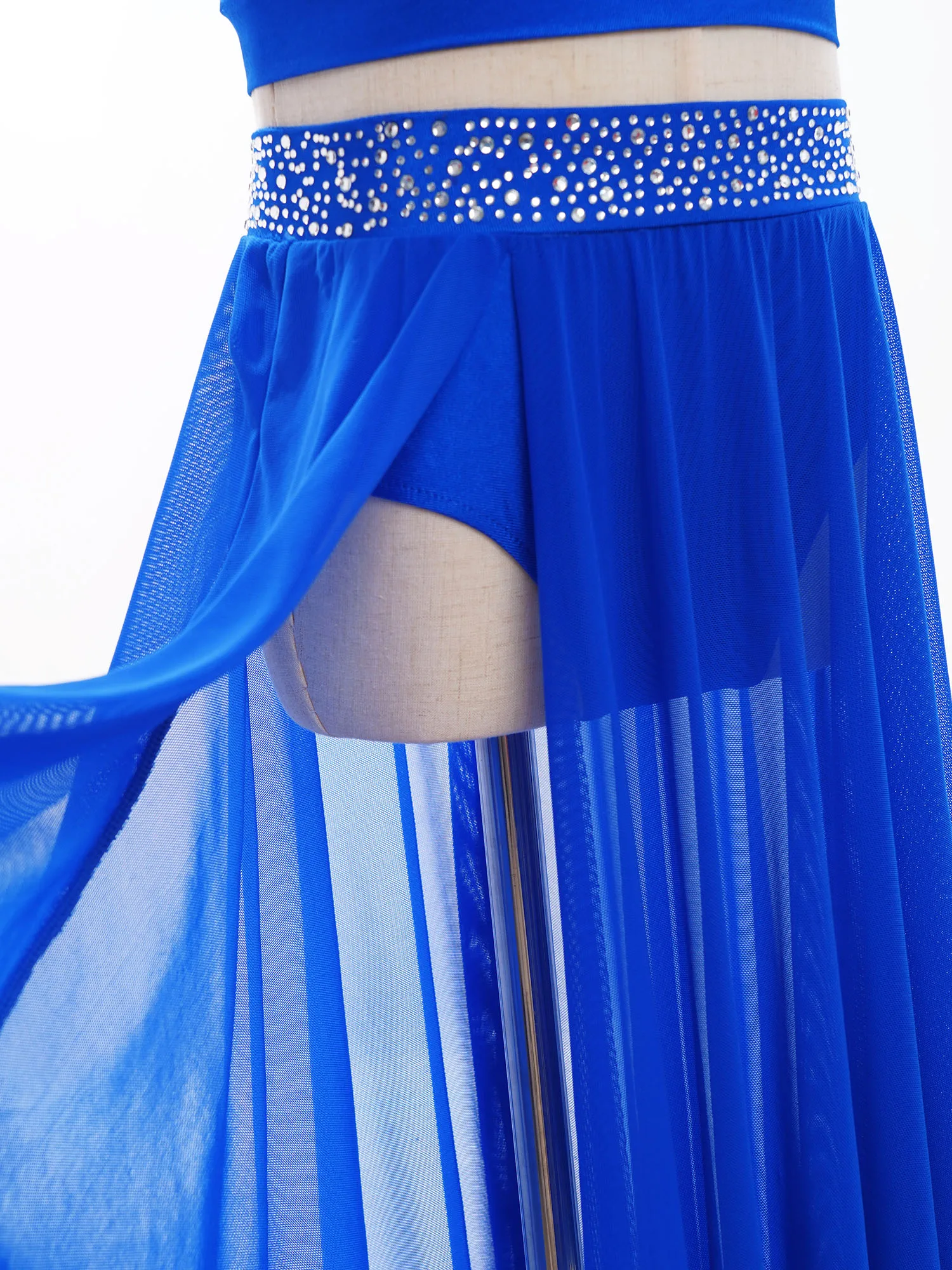 Girls Modern Lyrical Dance Set Mock Neck Sleeveless Crop Top with Irregular Mesh Skirt Rhinestones Skating Ballet Dancewear