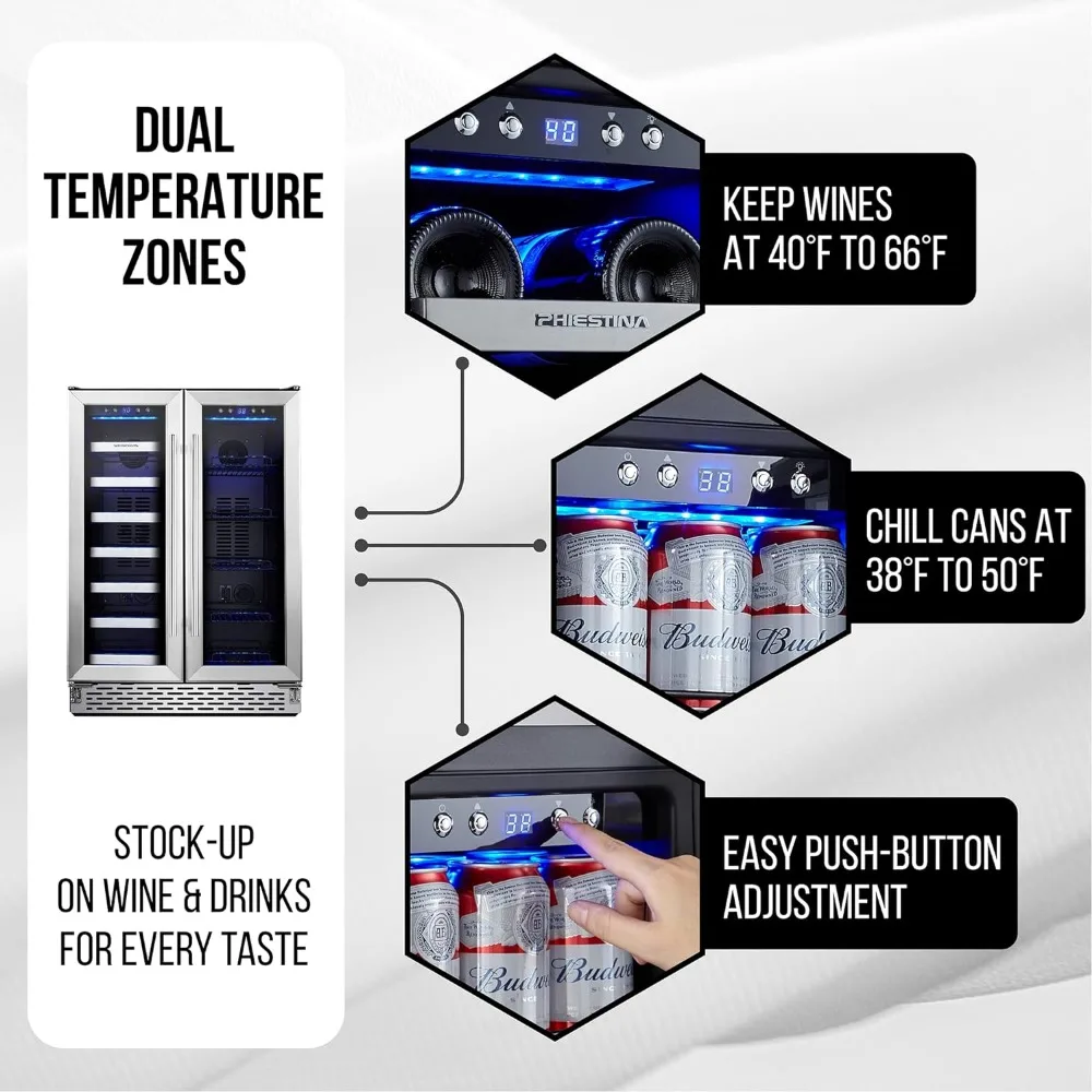 20 botellas de 78 latas, nevera de doble zona integrada/independiente con puerta de vidrio, estantes extraíbles para el hogar/Bar/Oficina