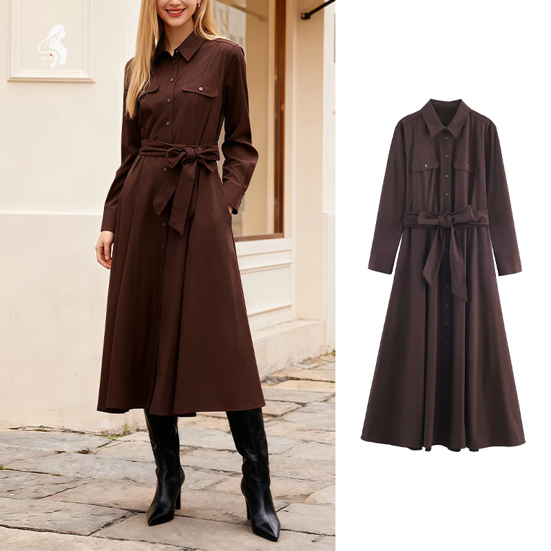 Womens Dress With A Waist Belt Waist Cinching Lapel Collar Long Sleeves Shirt Style Dress A Must Have Item For Spring And Autumn