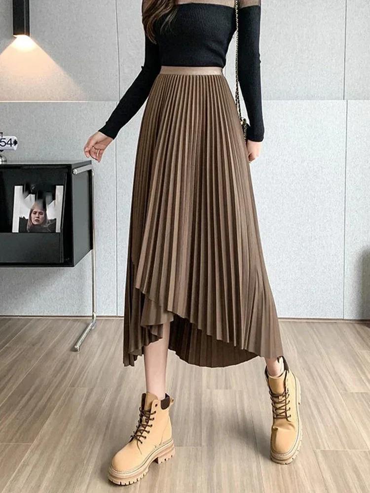 

Korean High Waist Irregular Long Skirt Women Fashion A Line Midi Skirts Vintage Streetwear Pleated Skirts Female Autumn Winter