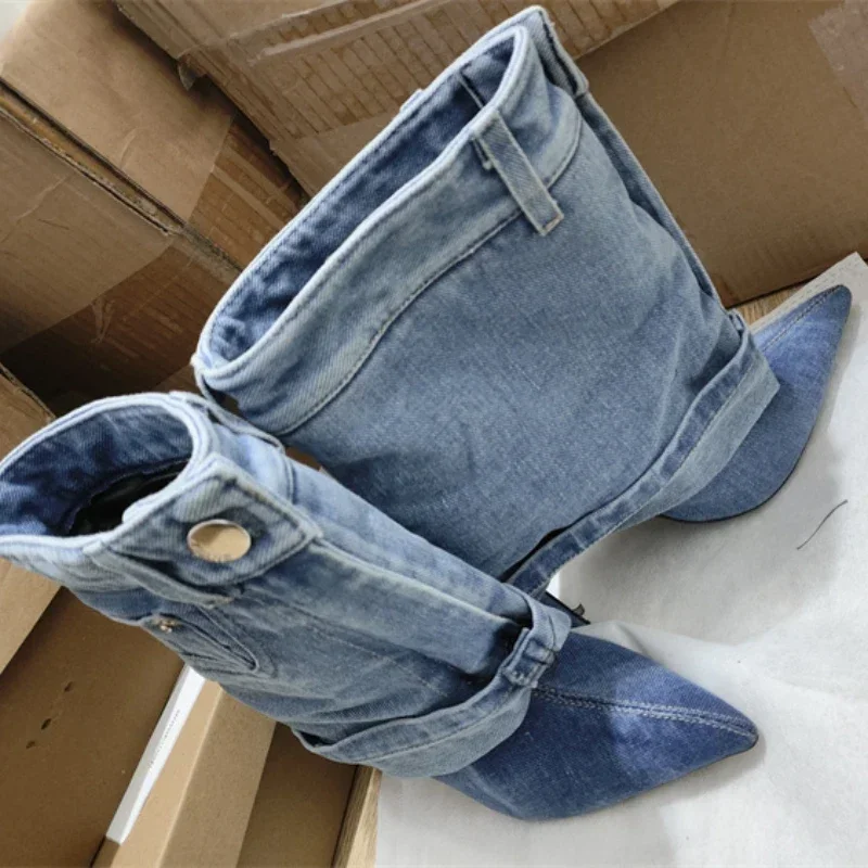 2023 nowe szpiczaste buty jeansowe w stylu Vintage kieszonki z tkaniny buty do kolan wąskie buty na wysokim obcasie 35-43 europejski amerykański