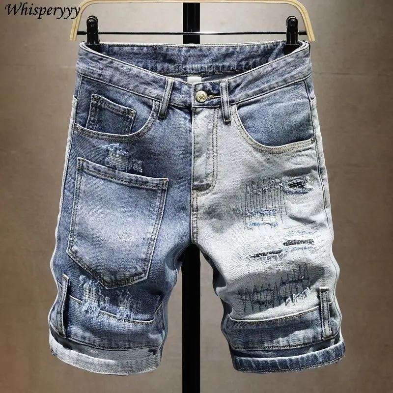 

Denim Shorts Pants Men Clothing Summer Thin Patch Streetwear Slim-fitting Five-point Pants Male Pockets Casual Patchwork Jeans