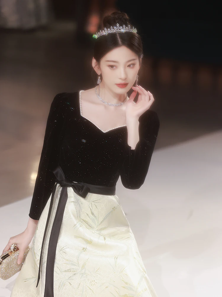 

Ele Bla Long Sve Evening Gown for Year End Par Vocal Performance Art Exam Host High End Luxury a Line Skirt Dr