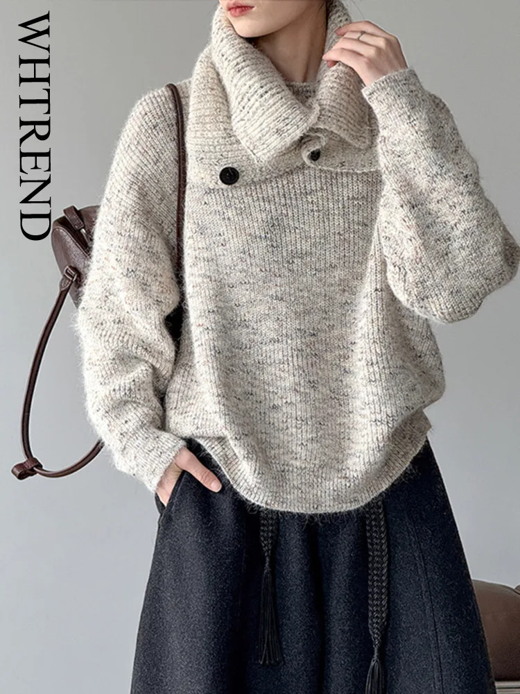 

WHTREND шерстяной вязаный свитер в корейском стиле для женщин, осень-зима, новый шарф с воротником и длинными рукавами, свободный теплый пуловер WH1844