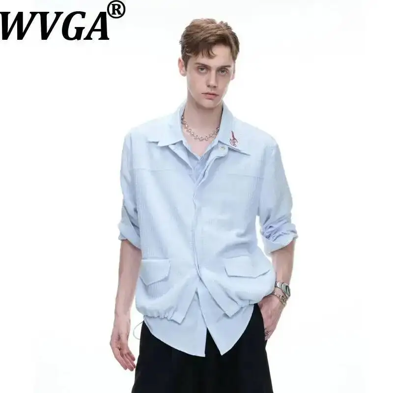 WVGA Spring New Men's Fake Two-Piece Design Long Sleeved Shirt Breathable Pockets Niche Chic Embroidered Elegant Tops Ins W25257