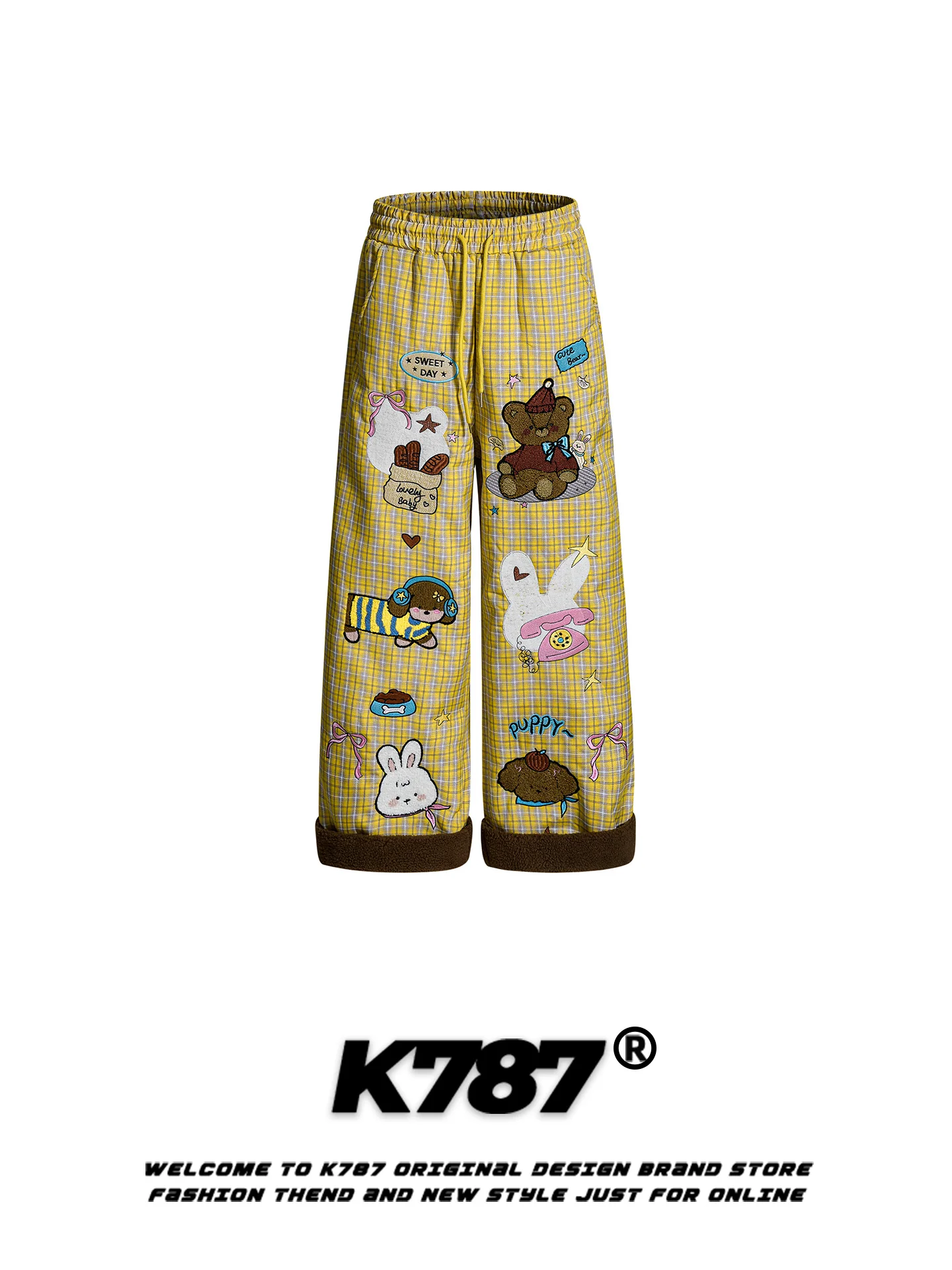 

K787 American Retro Cartoon Bear Plaid Men's Casual Pants Dstring Loose Fce Warm Straight Leg Cotton Trousers