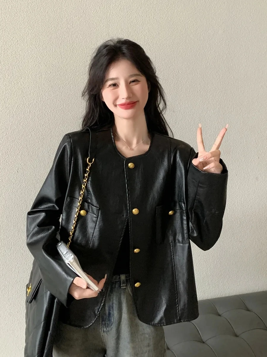 

plus Size Women's PU Leather Jacket Fragile Style Spring Autumn High Waist Casual Long Sleeve A-Line Skirt Fashionable Street...
