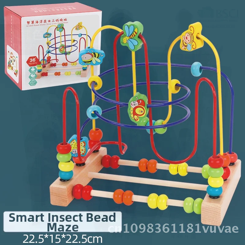 Educational Wooden Bead Toys for Children - Animal & Fruit Three-Block Bead Winder Color Box Model Beech Wood Infants & Kids