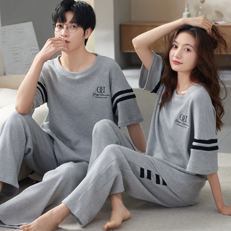 Cotton Short Sleeping Tops & Long pant Sleepwear For Couples Korean Fashion Nightwear Men Pijamas Women Pajamas Set Pjs