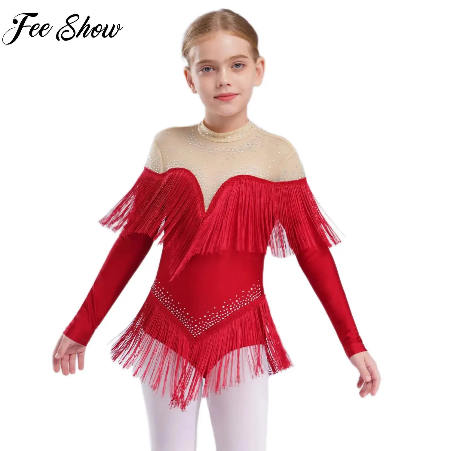 فستان رقص الجمباز اللاتيني للأطفال البنات شرابة المنافسة المهنية ارتداءها السامبا زي أداء تشا تشا تانجو Dancewear