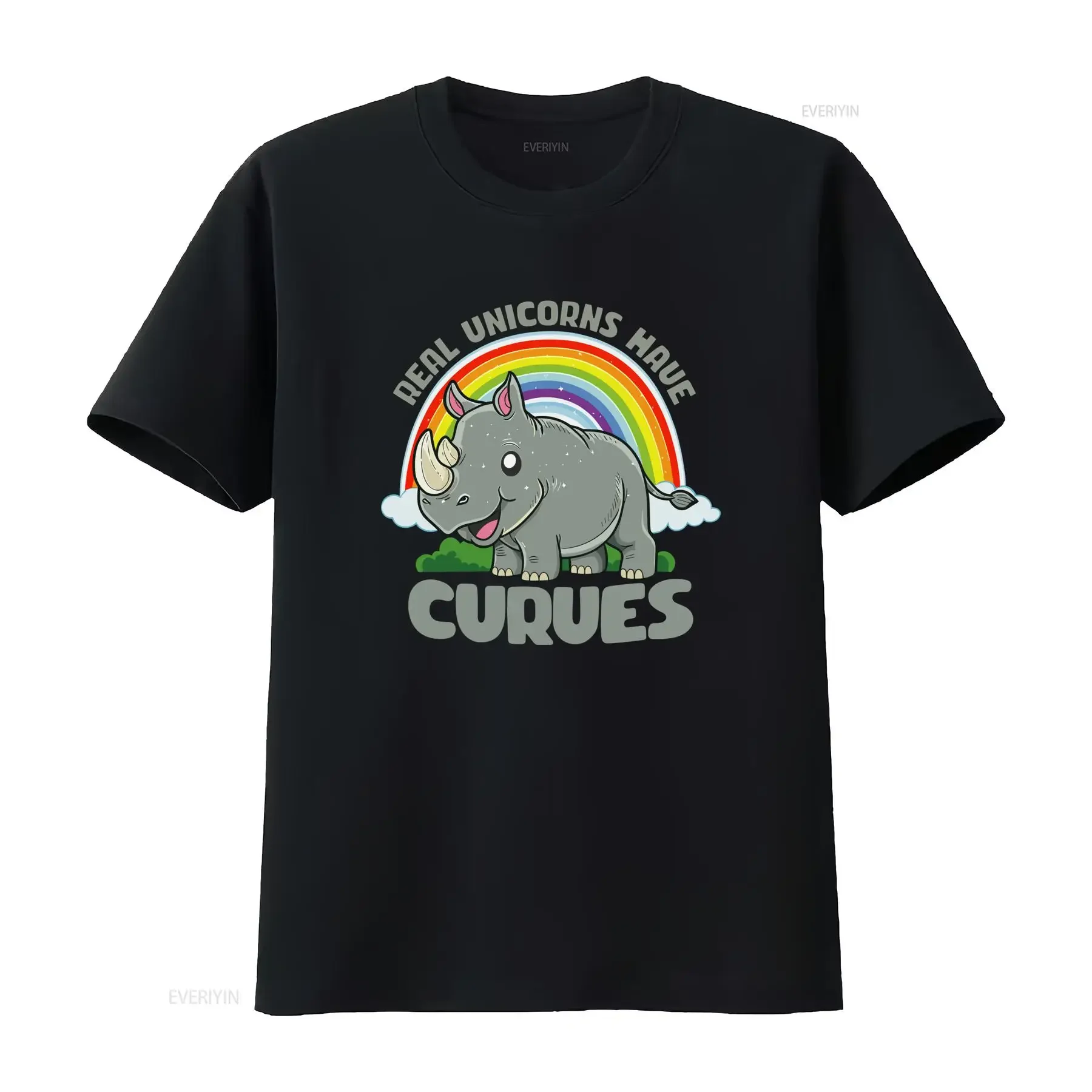 Real Unicorns Have Curves Rainbow Rhinoceros Rhino T Shirt for Women Girls Fashion Print vintage Washed homme Comfortable