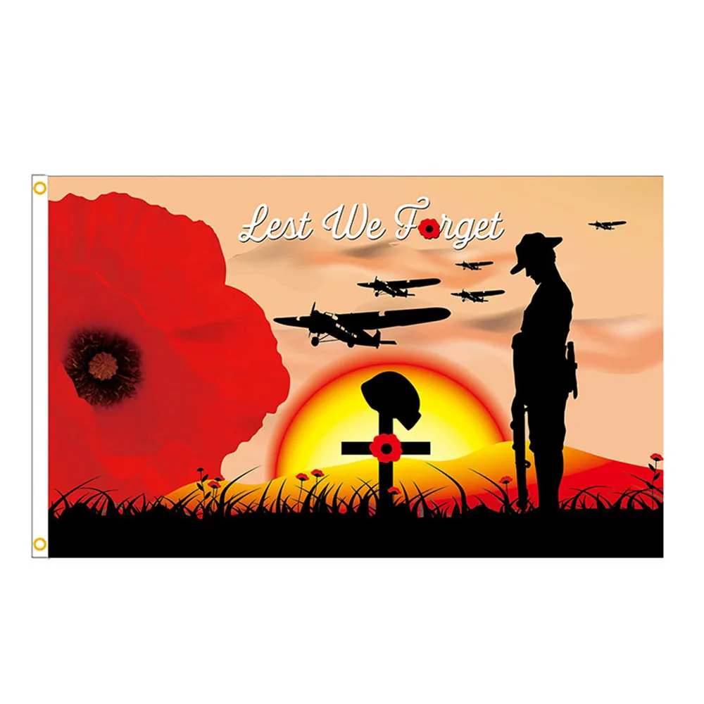 علم ANZAC Poppy Remembrance Day من البوليستر مع حلقات نحاسية هدية تذكارية علم للبالغين للديكور الداخلي والخارجي