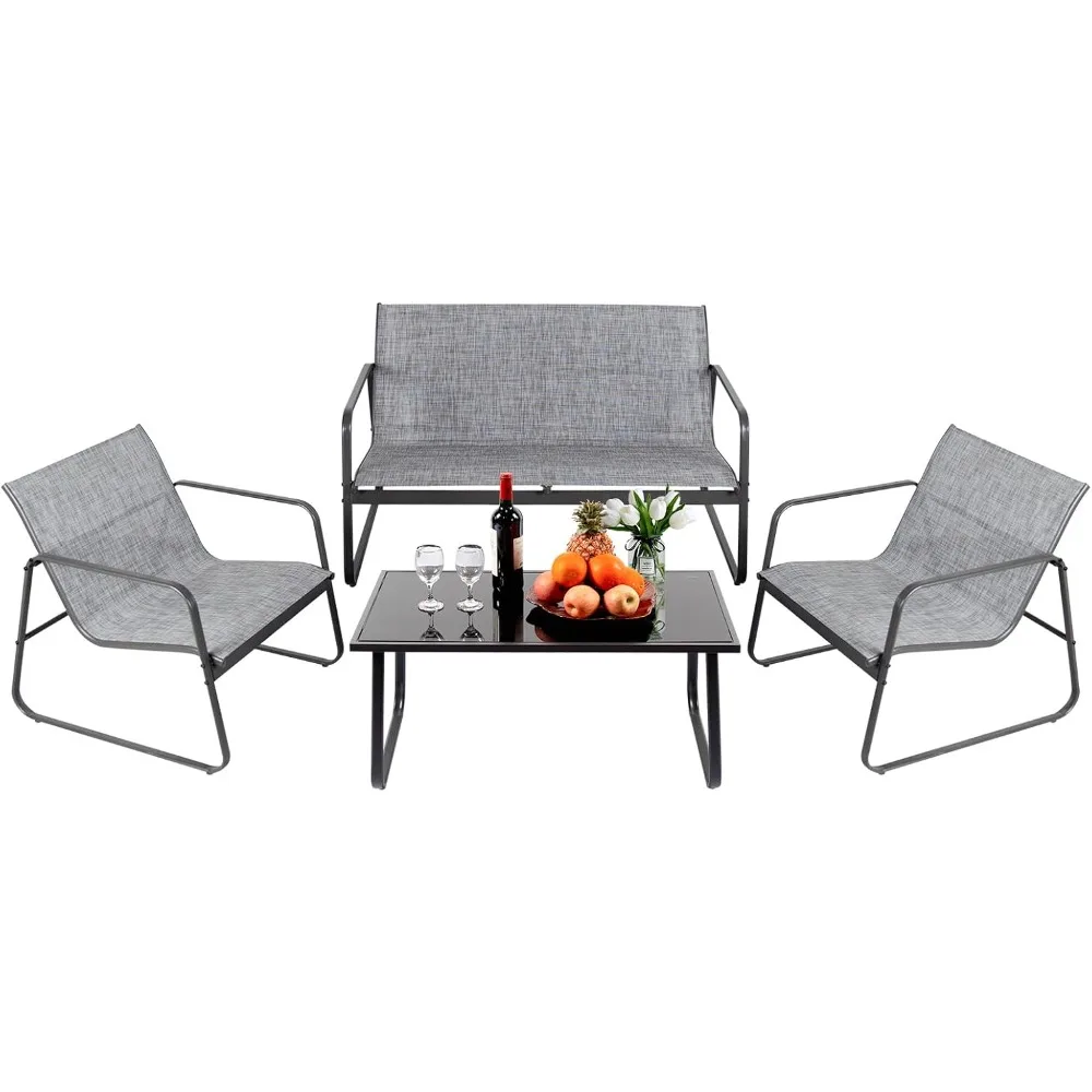 

4 Piece Patio Outdoor Furniture Set with Strong Powder Coated Metal Frame One Love Seat, Two Single Chairs and one Table for Por