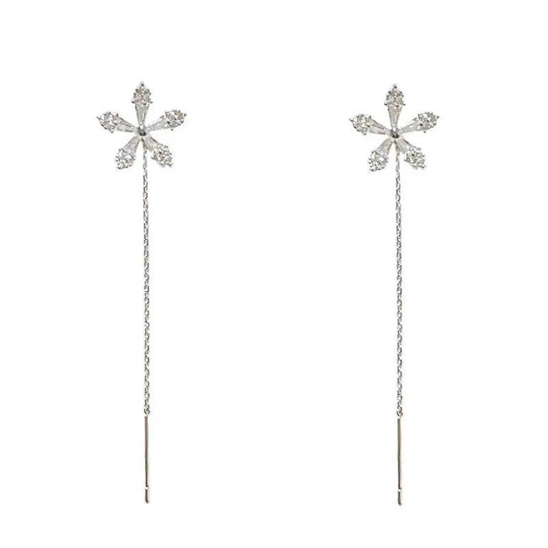 S925 Silver Needle Micro-inlaid Zircon Flower Ear Line Exquisite Light Luxury High Quality Drop Earring Star Jewelry Gifts