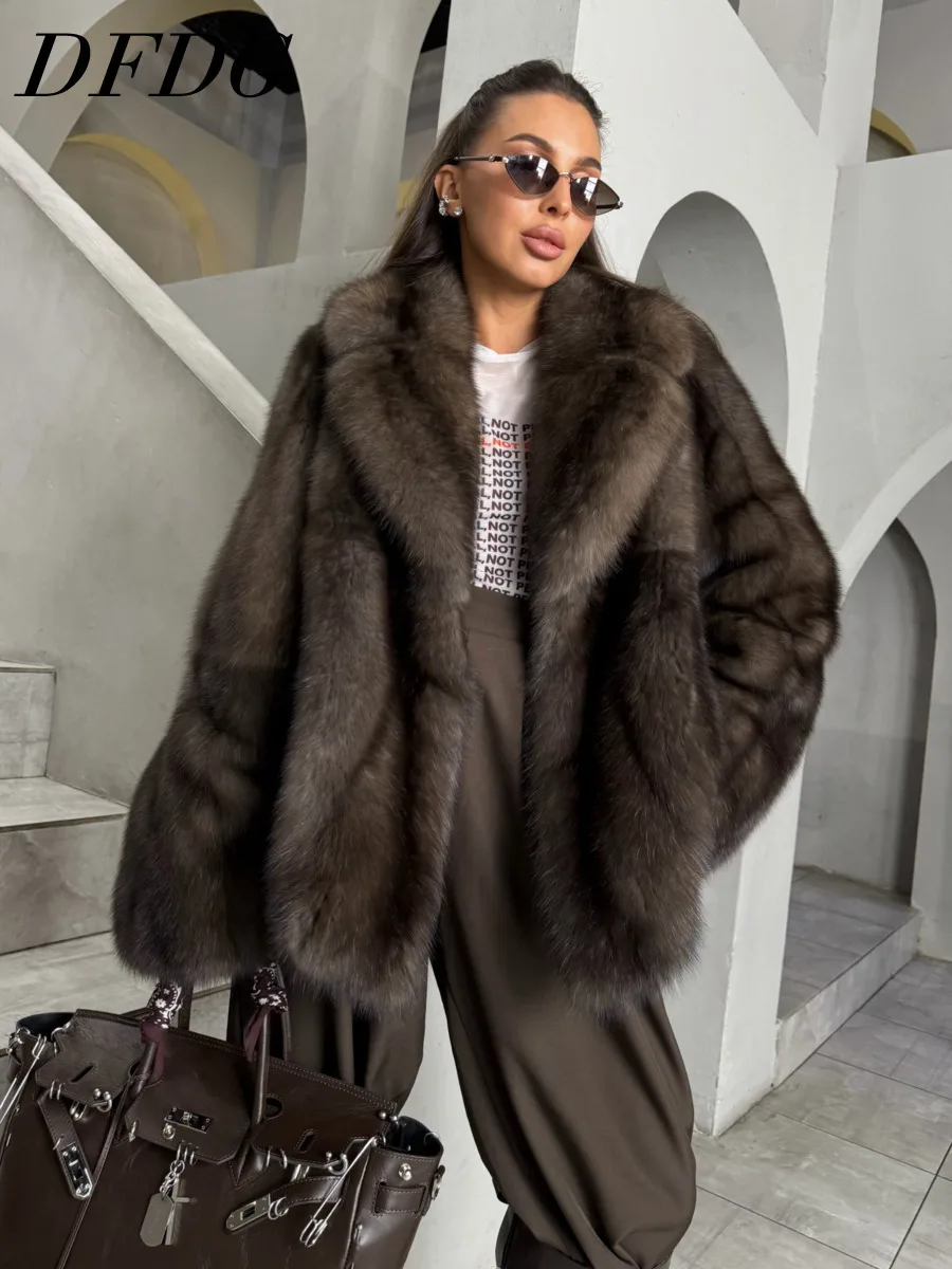 DFDG Women 2026 Notched Lapel Faux Fur Coat Loose Thick Plush Winter Outerwear Elegant Warm For Party Dating Street Daily Wear