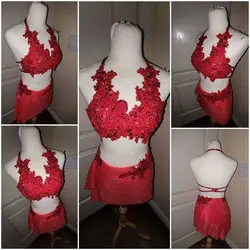 LIUHUO Women's Two Piece Bra Top Pole Dance Skirt Red Competition Show