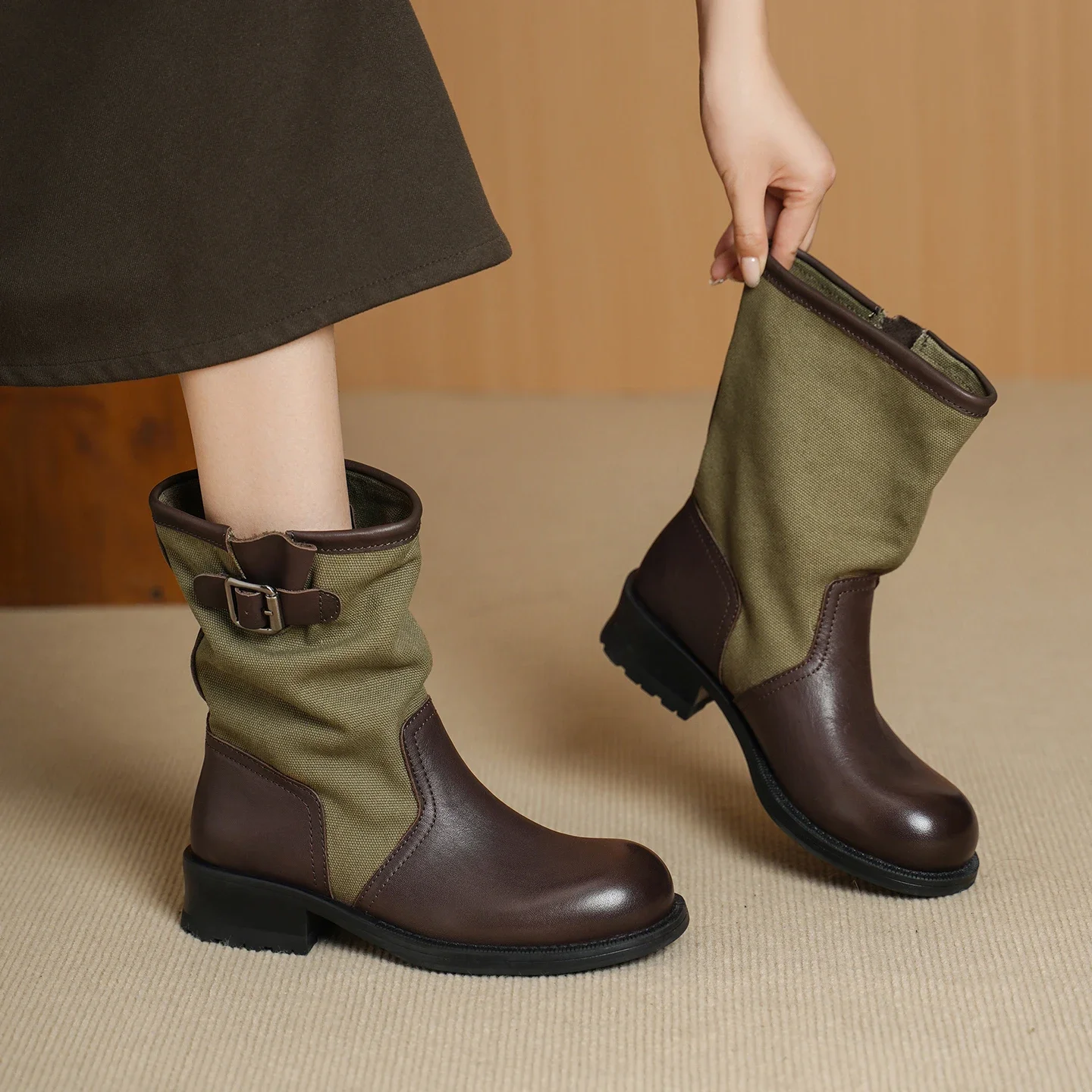 Women Genuine Cow Leather Mid Calf Boots Vintage Canvas Patchwork Buckle Strap Slouch Motorcycle Boots Middle Heel Outdoor Boots