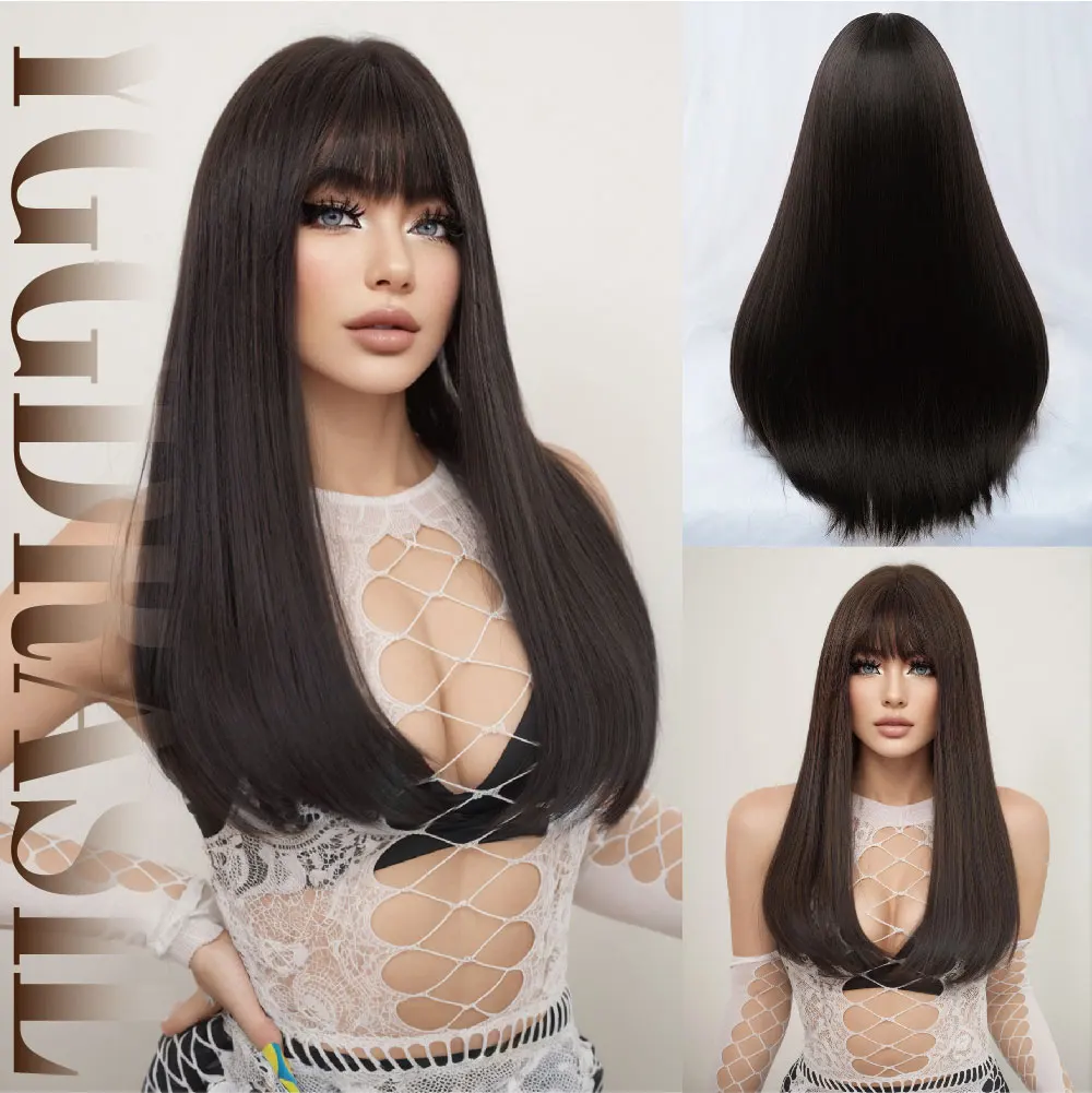 24Inch Classic Ladylike Style Black Synthetic Wigs With Bang Medium Straight Hair Wig for Women Daily Use Cosplay Heat Resistant