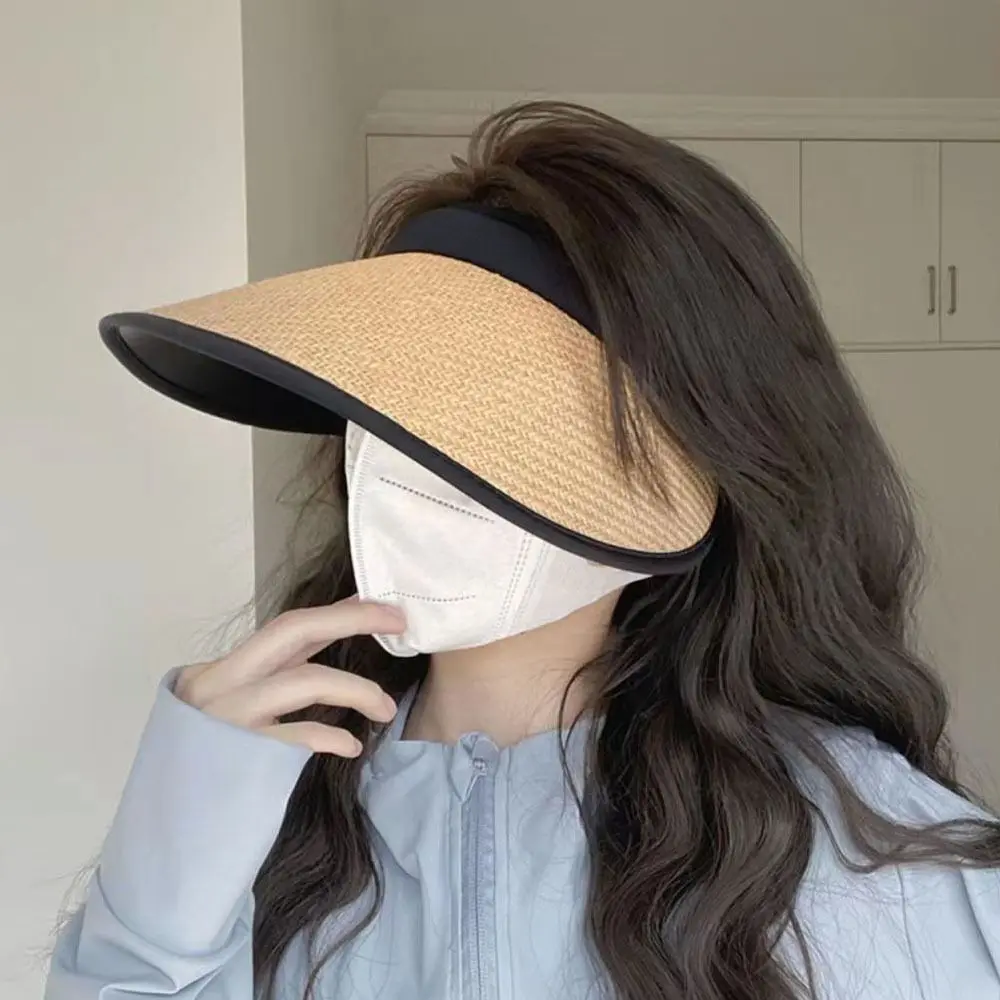 Practical Visors Straw Hat Sun Protection UV Protection Empty Top Hat Large Eaves Ponytail Hat