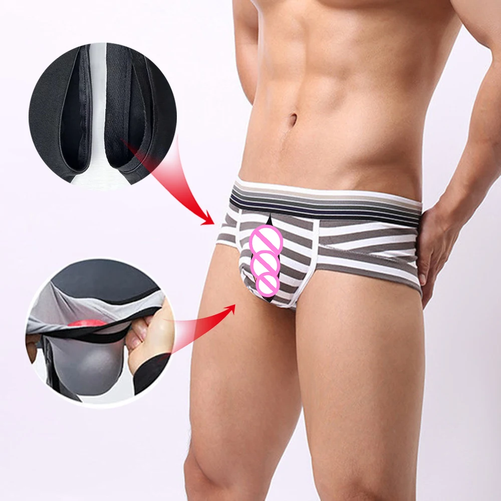 

Invisible Open Crotch Outdoor Sex Briefs Man Fashion Striped Men's Underpants Cotton Comfortable Soft Triangle Pants Bag Contour