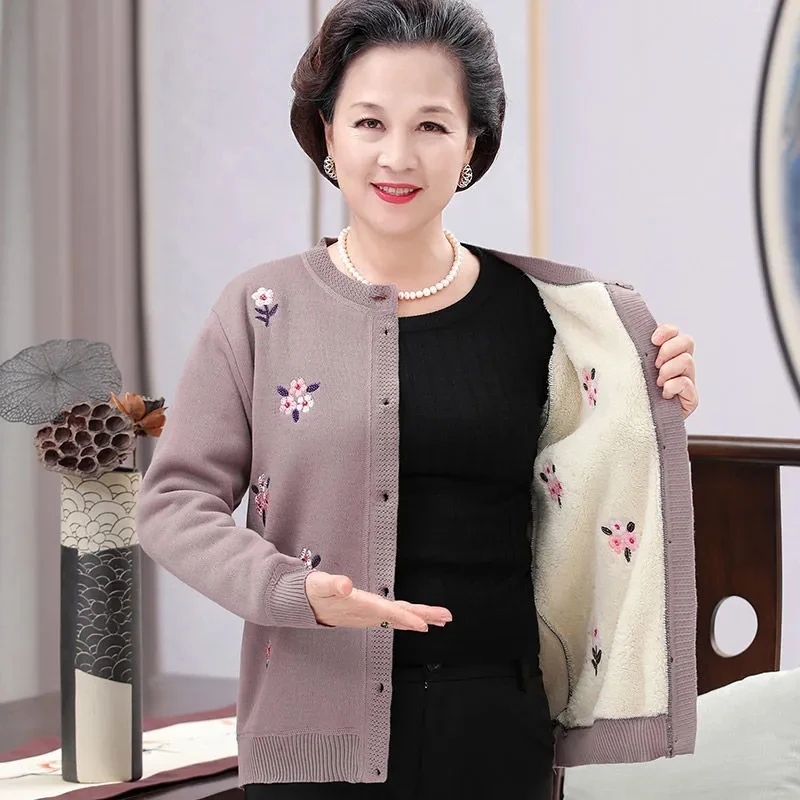 Grandma\'s Sweater Spring Autumn Coat Middle-Aged Elderly Winter Women\'s Cardigan Mother\'s Thickening Warm Lamb Velvet Jacket