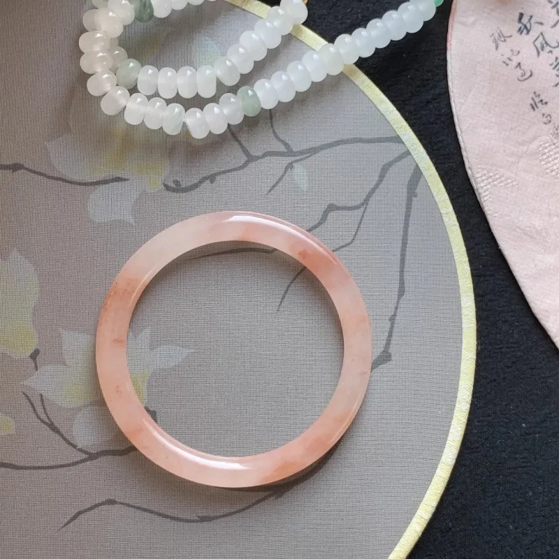 

Natural Pink Gold Silk Jade Bracelet, She Taicui Peach Blossom Stuffed Girl Sweet Quartz Rock Round Bar Girlfriend Gift