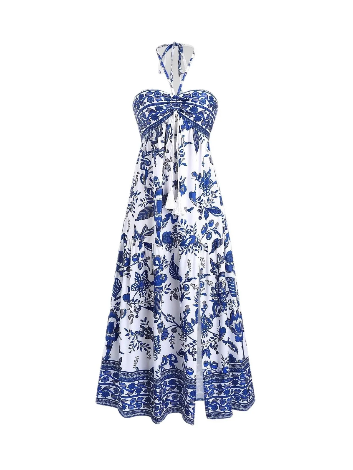 Summer Bohemian Print Halter Neck High Waist Long Dress Sleeveless Travel Vacation Photo Tourist Set Women's plus Size Dress