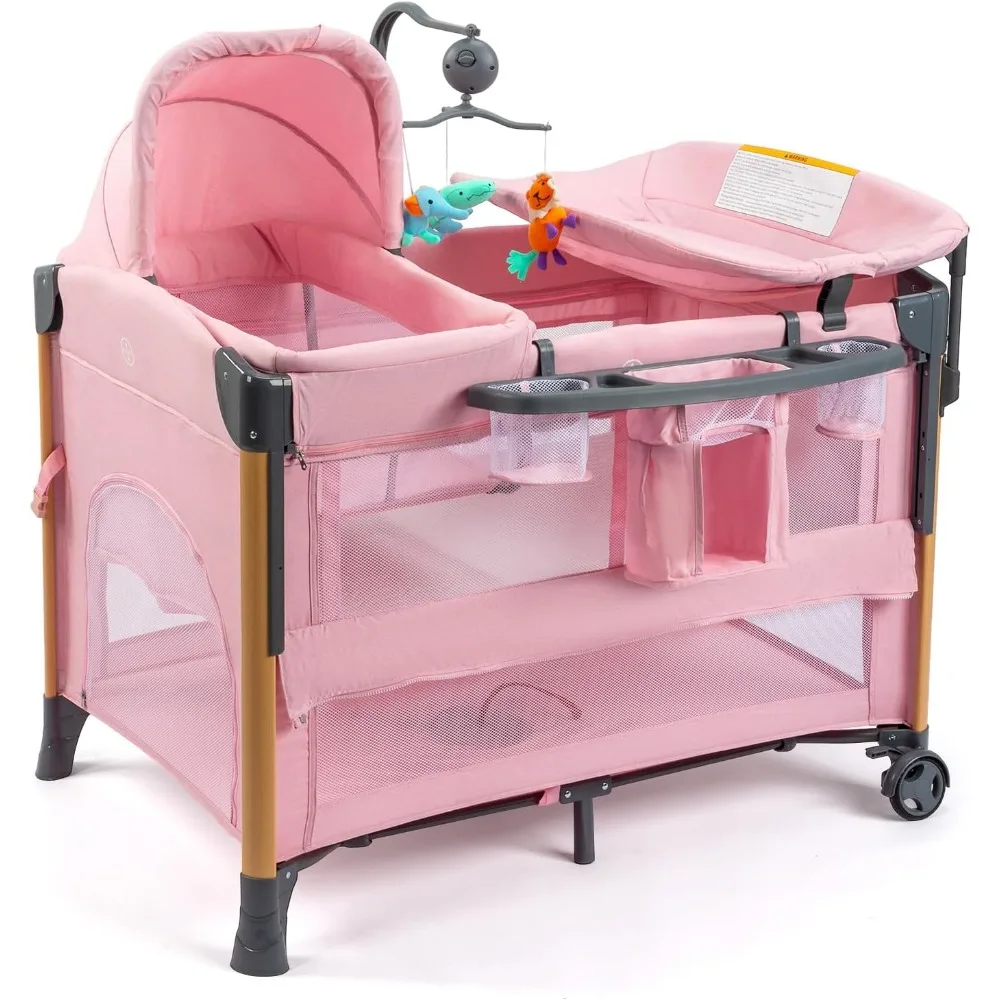 Moisés junto a la cama 7 en 1 con cambiador, moisés para niña, mesita de noche rosa con colchón, sábana, dosel, almacenamiento ella