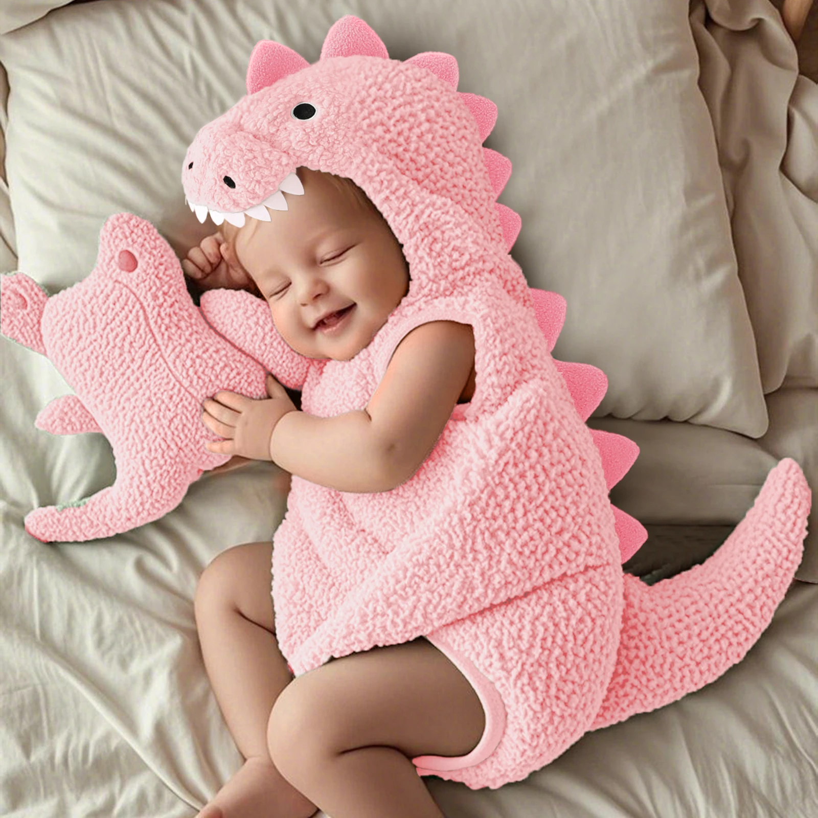 Cute Baby Boy Girl Dinosaur Costume Sleeveless Romper with Hat Newborn Infant Halloween Cosplay Clothes
