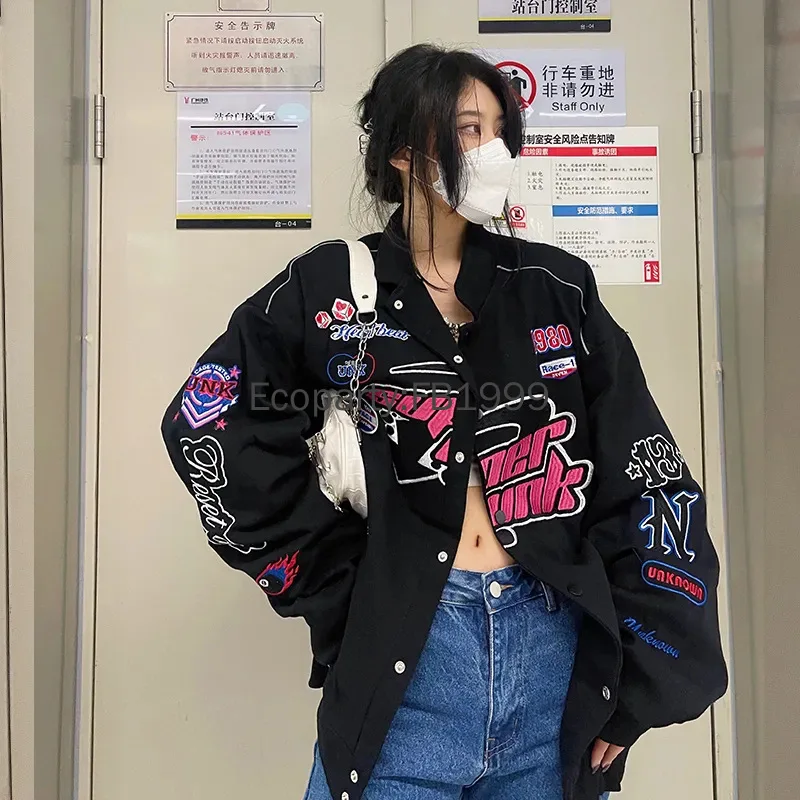 New Women American Vintage Baseball Uniform Jacket Fashion Oversized Casual Long Sleeve Embroidered Coat Y2k Harajuku Streetwear