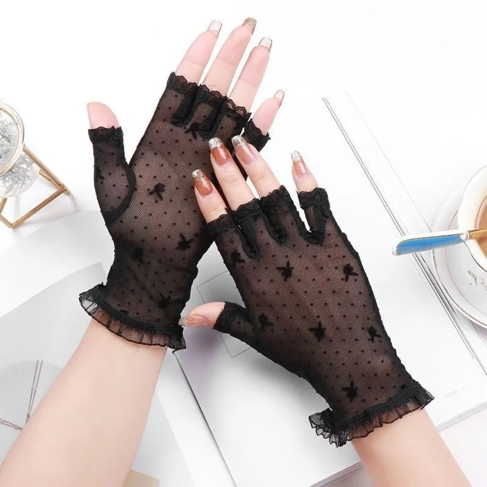 Lace Design Half Finger Gloves Exposed Finger Little Rabbit Pattern Short Gloves Summer Weight Thin Material Thin Gloves