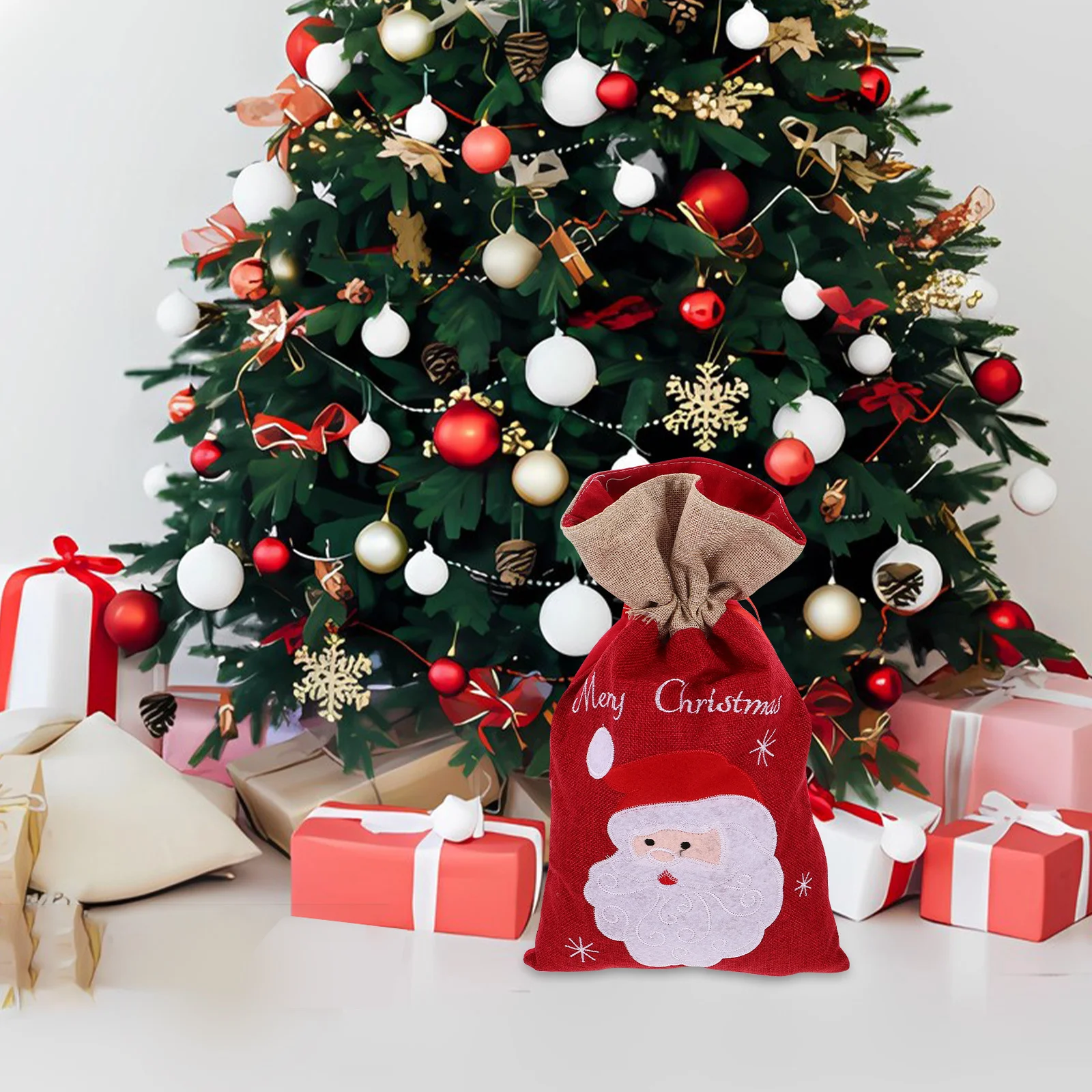 

1pc Linen Gift Bag S Size Christmas Candy Drawstring Pouch For Holiday Party Favors Large Present Storage Bag Santa Claus