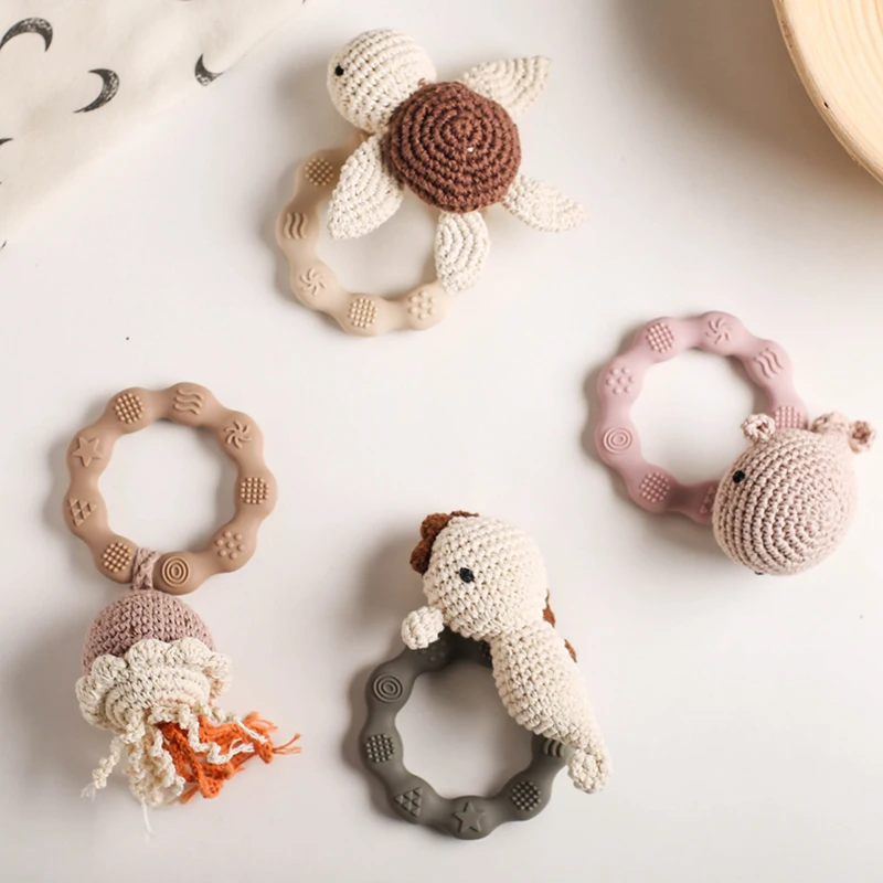 

1pc Baby Teether Ocean Crochet Rattle Teether for Rodent Gum Pain Teething Toy Rattles for Kids Ring Wooden Educational Toys