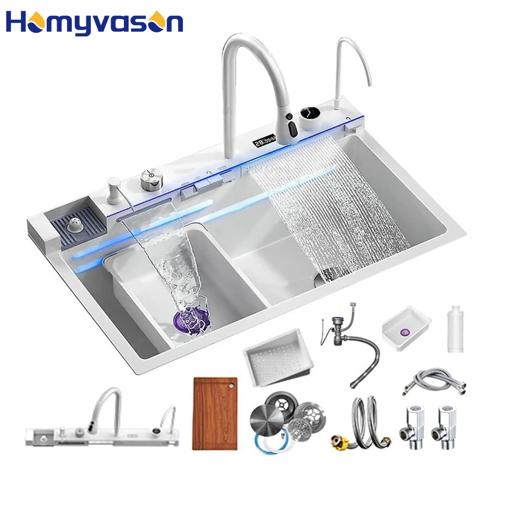 

68/75/80cm China Sinks Manufacturers High Tech Smart White Sus304 Handmade Undermount Waterfall Kitchen Sink