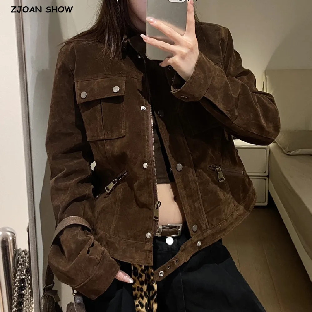 New COOL Giacca da donna in pelle scamosciata autunnale in pelle PU Cappotto con zip a maniche lunghe retrò americano Capispalla corto caffè vintage